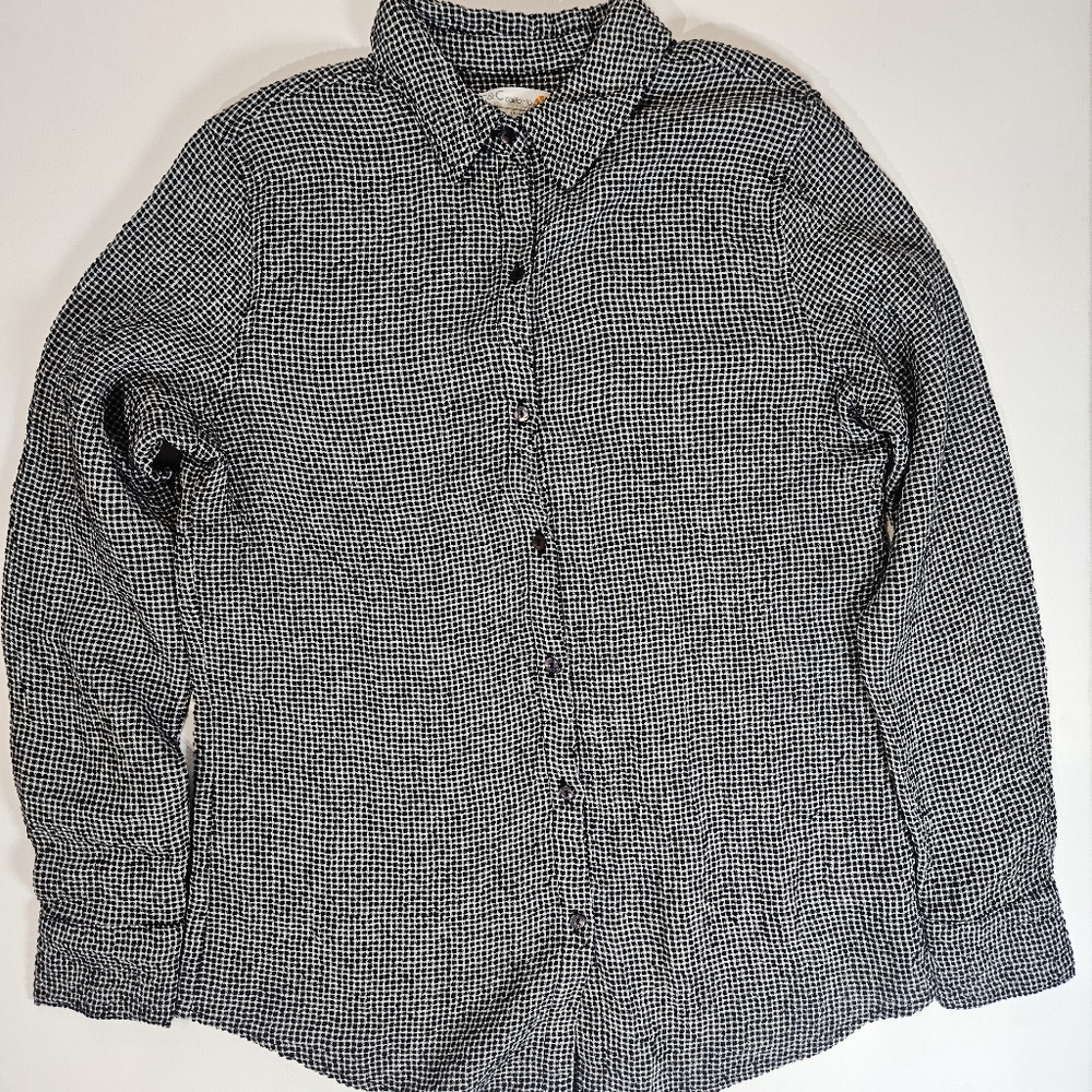 C&C California Linen Button Down Shirt Women Small Black White Gingham Textured